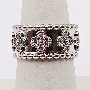 Womens Silver Plated Cubic Zircon Wide Band Ring Size 7.5 Beaded Unique Floral